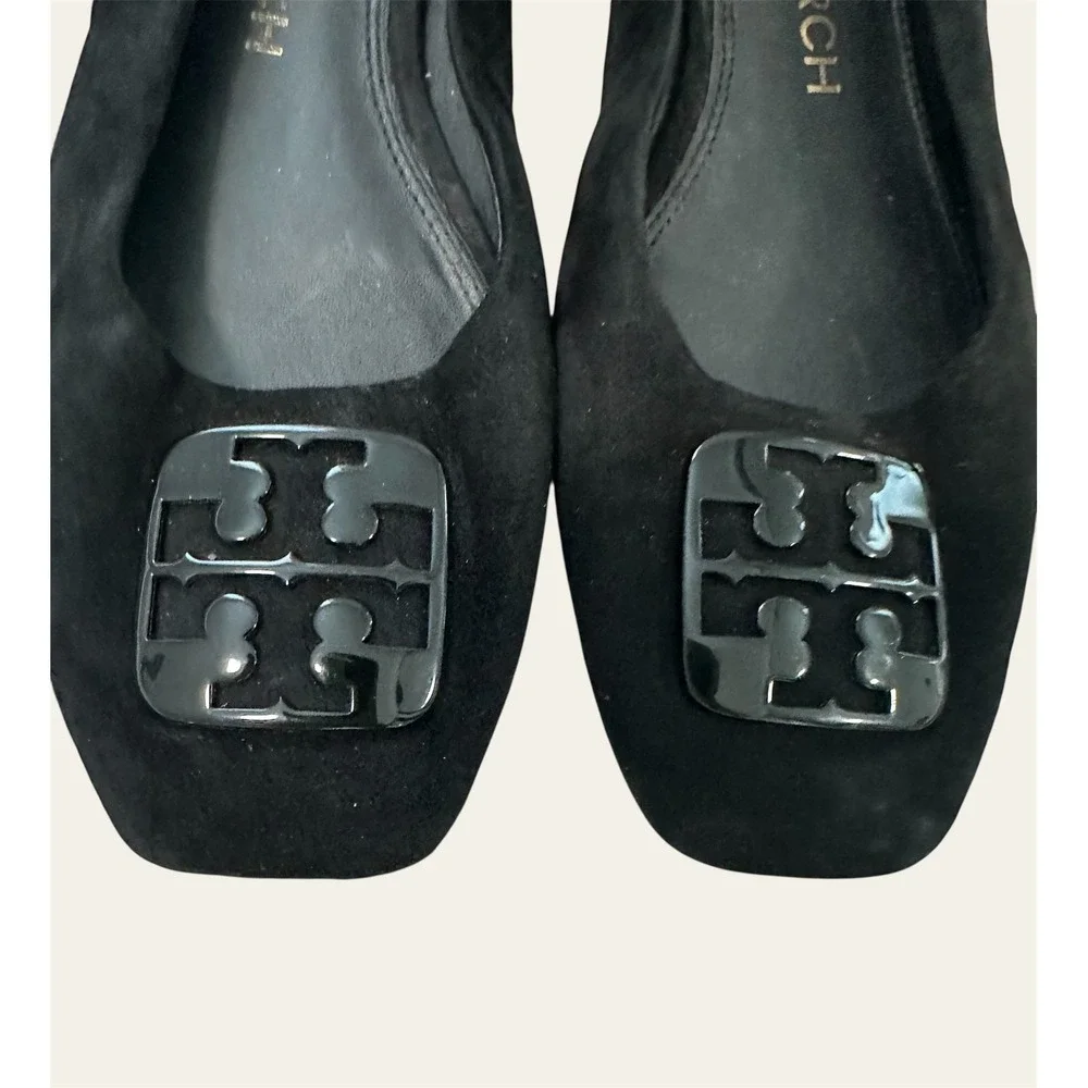Tory Burch Suede Square Toe Flats Women 9M Black Good Patent Logo‎ Ballet Shoes